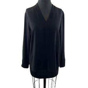 Eileen Fisher Black Top Georgette Crepe V-Neck Shirttail Hem Button Cuff S Small